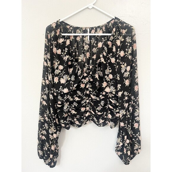 Free People Final Rose Floral Blouse in Black Combo Womens Size Large Peasant - Picture 1 of 10